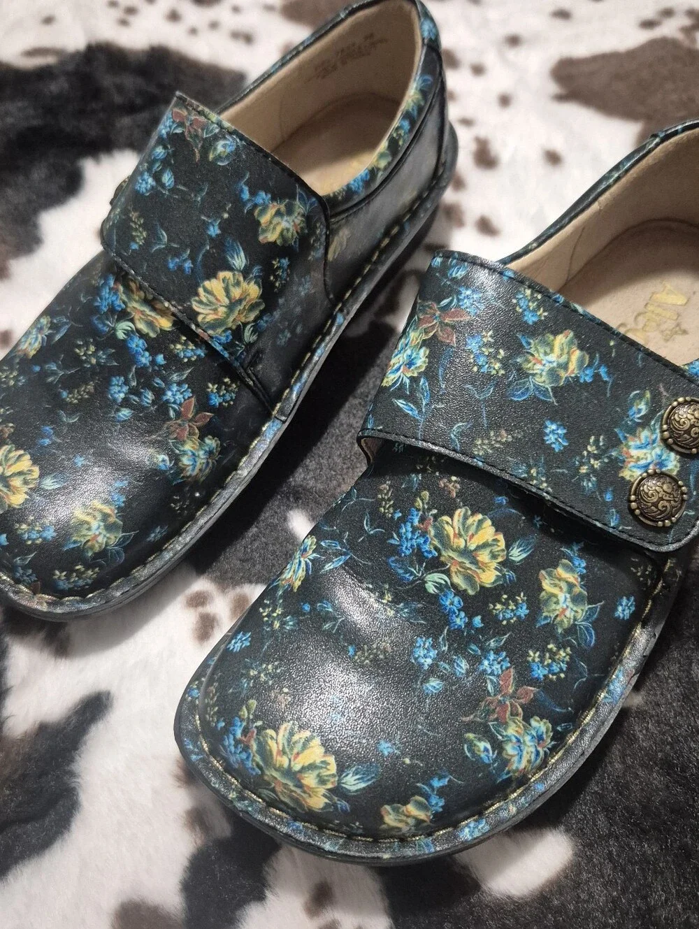 Alegria Black Floral Slip-On Loafers with Yellow & Blue Accents Shoes..Size:38